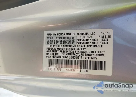 2011 Honda Odyssey Ex-L z USA, uszkodzony, nr VIN 5FNRL5H61BB033016